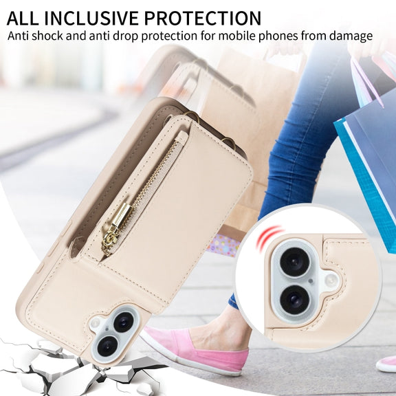 For iPhone 16 Plus Crossbody Lanyard Zipper Wallet Leather Phone Case(Beige)