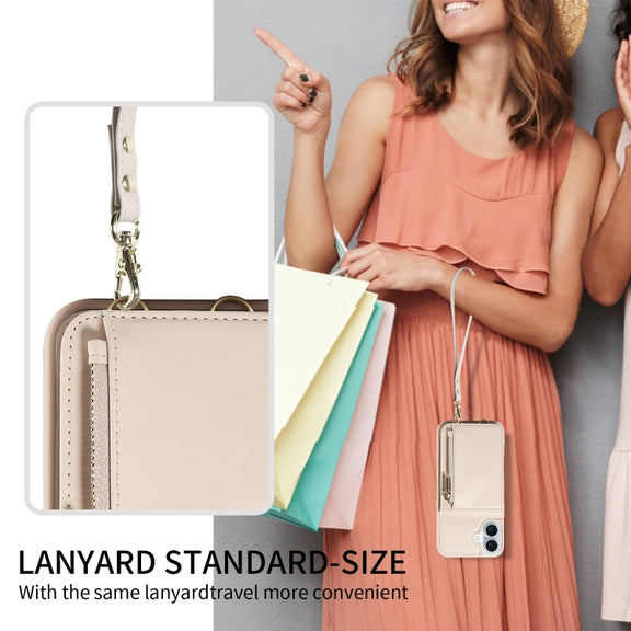 For iPhone 16 Plus Crossbody Lanyard Zipper Wallet Leather Phone Case(Beige)