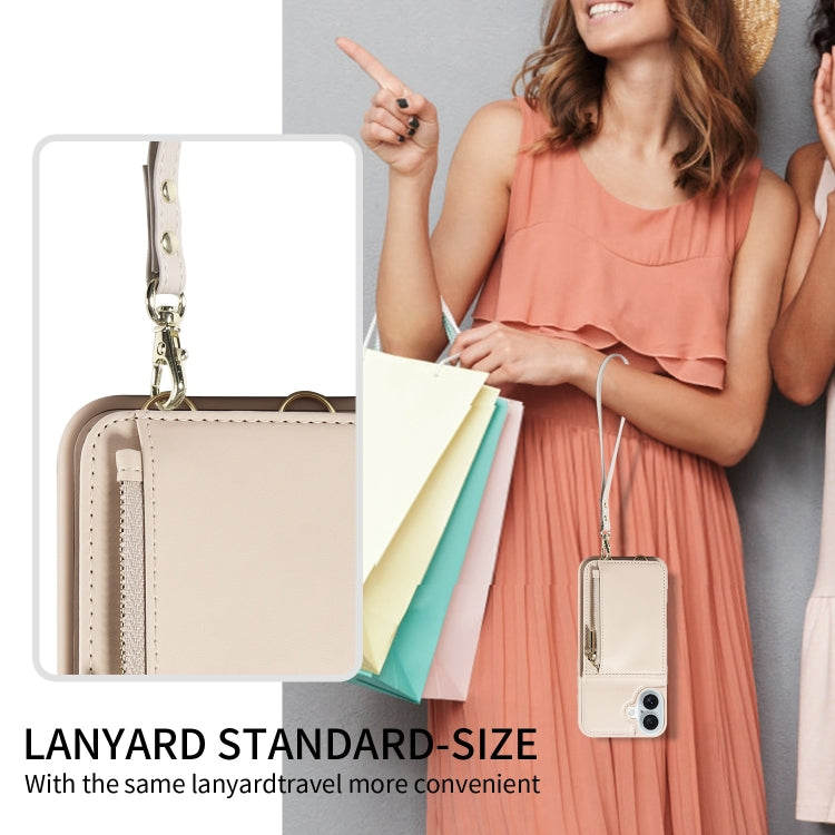 For iPhone 16 Plus Crossbody Lanyard Zipper Wallet Leather Phone Case(Beige)