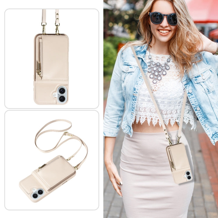 For iPhone 16 Plus Crossbody Lanyard Zipper Wallet Leather Phone Case(Beige)