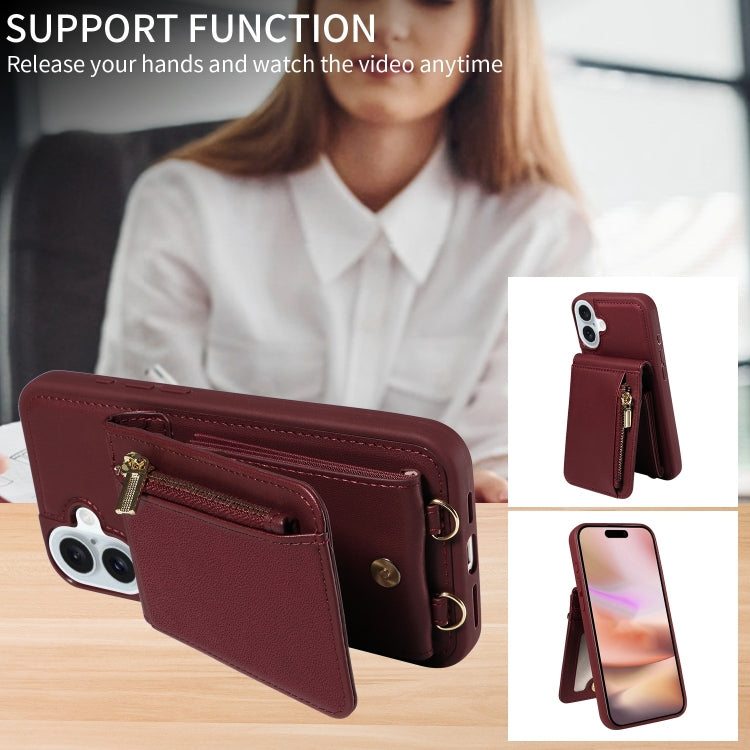 For iPhone 16 Plus Crossbody Lanyard Zipper Wallet Leather Phone Case(Wine Red)