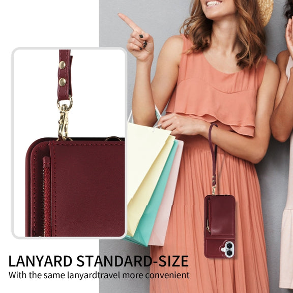 For iPhone 16 Plus Crossbody Lanyard Zipper Wallet Leather Phone Case(Wine Red)