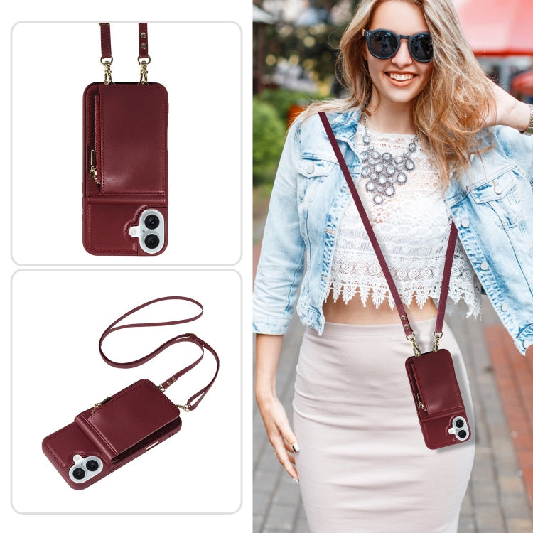 For iPhone 16 Plus Crossbody Lanyard Zipper Wallet Leather Phone Case(Wine Red)