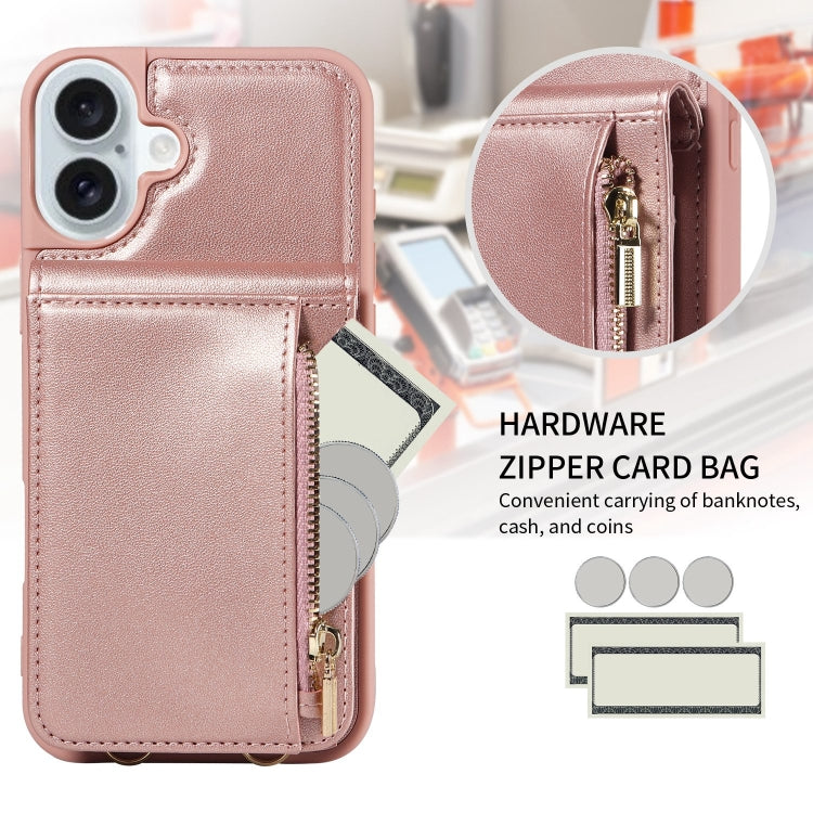 For iPhone 16 Plus Crossbody Lanyard Zipper Wallet Leather Phone Case(Rose Gold)