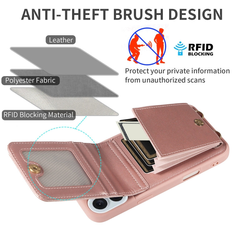For iPhone 16 Plus Crossbody Lanyard Zipper Wallet Leather Phone Case(Rose Gold)