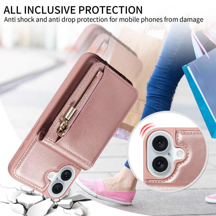 For iPhone 16 Plus Crossbody Lanyard Zipper Wallet Leather Phone Case(Rose Gold)