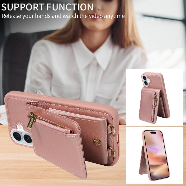 For iPhone 16 Plus Crossbody Lanyard Zipper Wallet Leather Phone Case(Rose Gold)