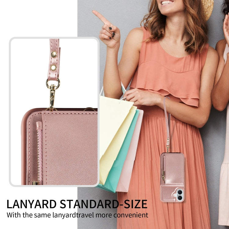 For iPhone 16 Plus Crossbody Lanyard Zipper Wallet Leather Phone Case(Rose Gold)