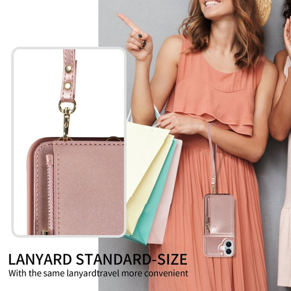For iPhone 16 Plus Crossbody Lanyard Zipper Wallet Leather Phone Case(Rose Gold)
