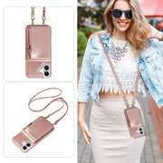 For iPhone 16 Plus Crossbody Lanyard Zipper Wallet Leather Phone Case(Rose Gold)