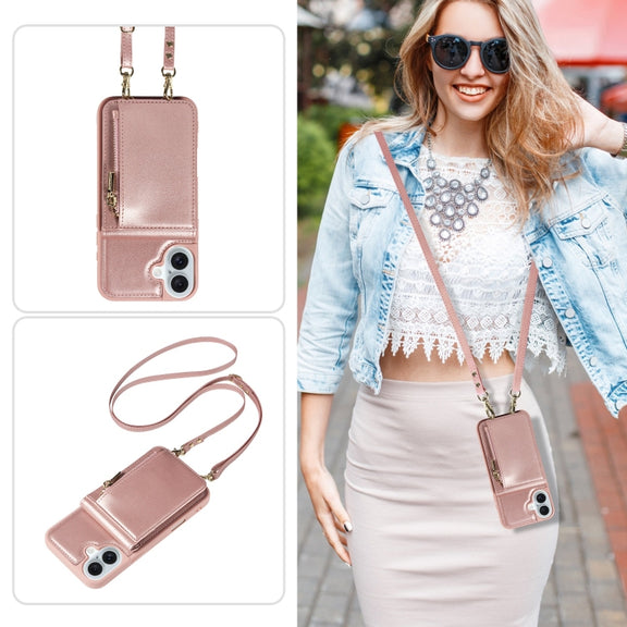 For iPhone 16 Plus Crossbody Lanyard Zipper Wallet Leather Phone Case(Rose Gold)