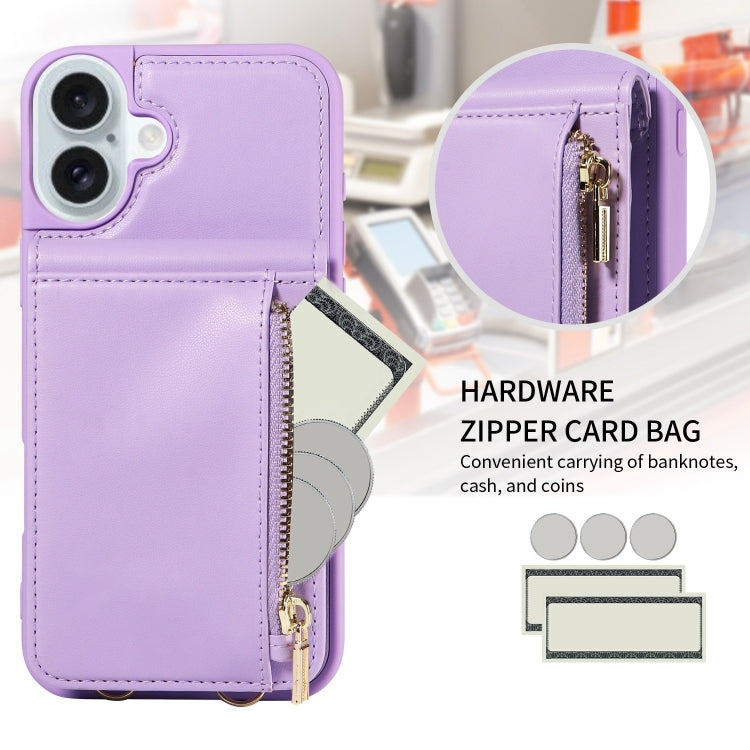 For iPhone 16 Plus Crossbody Lanyard Zipper Wallet Leather Phone Case(Purple)