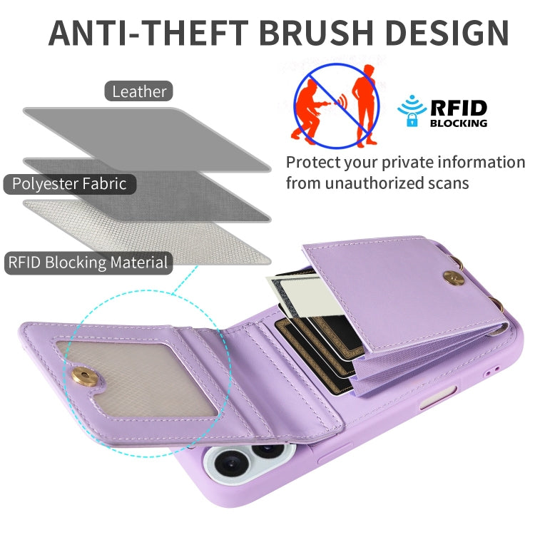 For iPhone 16 Plus Crossbody Lanyard Zipper Wallet Leather Phone Case(Purple)