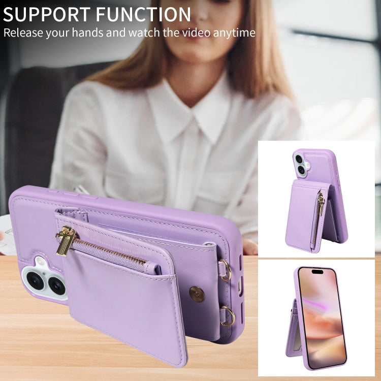 For iPhone 16 Plus Crossbody Lanyard Zipper Wallet Leather Phone Case(Purple)