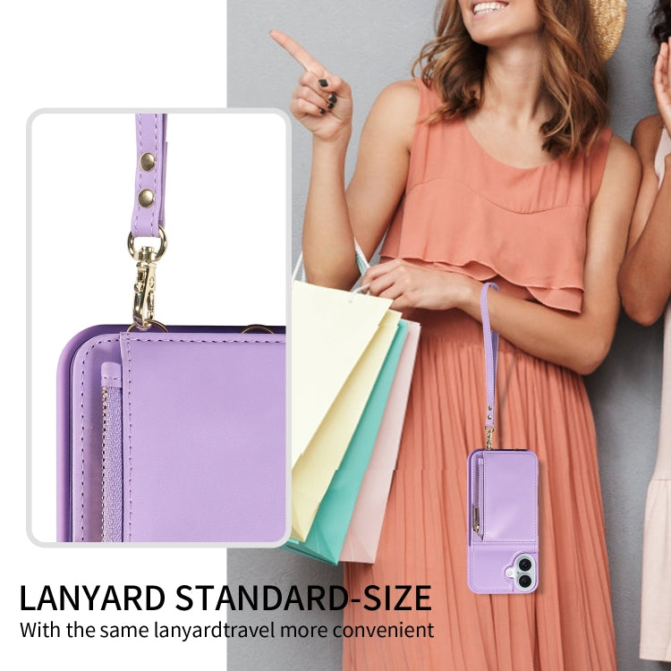 For iPhone 16 Plus Crossbody Lanyard Zipper Wallet Leather Phone Case(Purple)