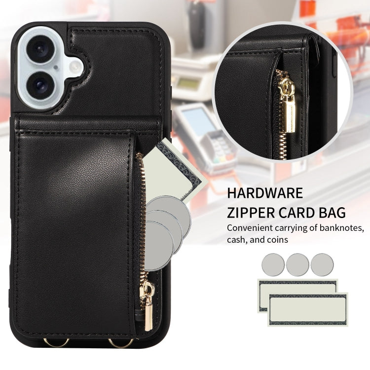 For iPhone 16 Plus Crossbody Lanyard Zipper Wallet Leather Phone Case(Black)