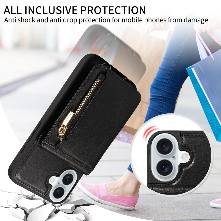 For iPhone 16 Plus Crossbody Lanyard Zipper Wallet Leather Phone Case(Black)