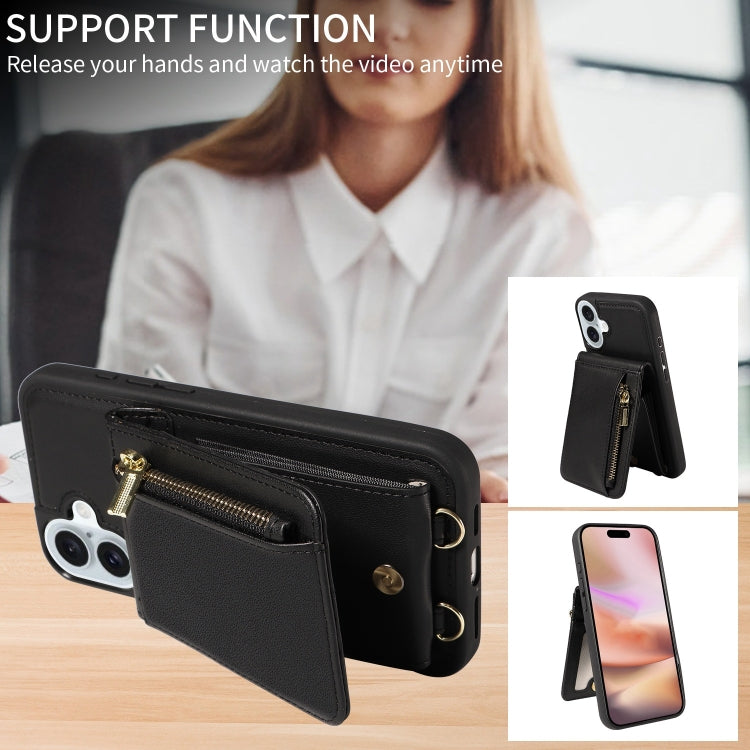 For iPhone 16 Plus Crossbody Lanyard Zipper Wallet Leather Phone Case(Black)
