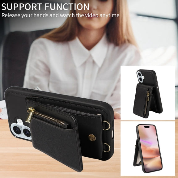 For iPhone 16 Plus Crossbody Lanyard Zipper Wallet Leather Phone Case(Black)
