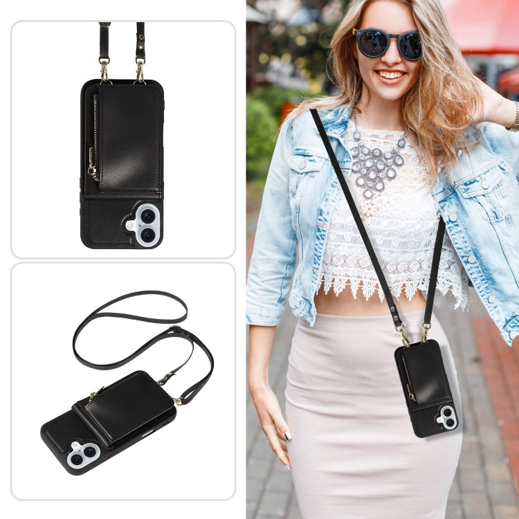 For iPhone 16 Plus Crossbody Lanyard Zipper Wallet Leather Phone Case(Black)