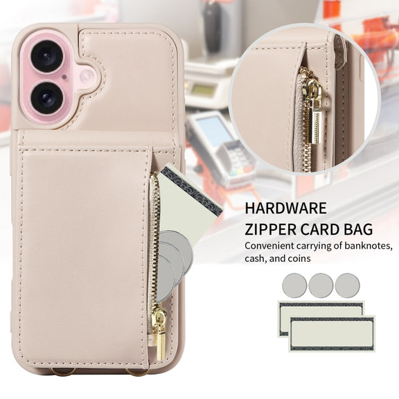 For iPhone 16 Crossbody Lanyard Zipper Wallet Leather Phone Case(Beige)