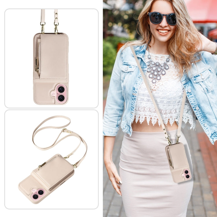 For iPhone 16 Crossbody Lanyard Zipper Wallet Leather Phone Case(Beige)