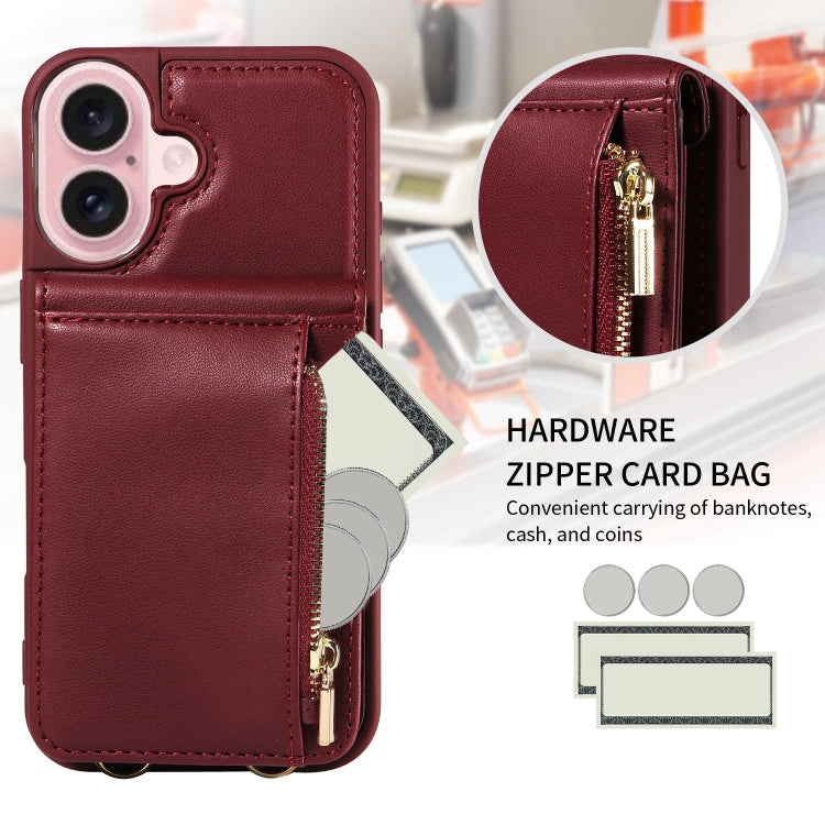 For iPhone 16 Crossbody Lanyard Zipper Wallet Leather Phone Case(Wine Red)