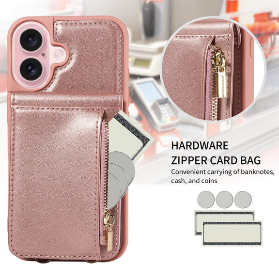 For iPhone 16 Crossbody Lanyard Zipper Wallet Leather Phone Case(Rose Gold)