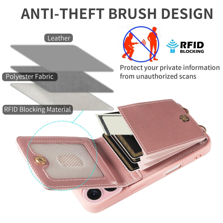 For iPhone 16 Crossbody Lanyard Zipper Wallet Leather Phone Case(Rose Gold)