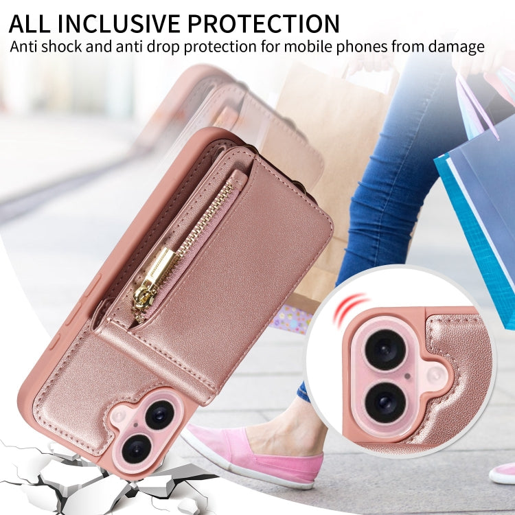 For iPhone 16 Crossbody Lanyard Zipper Wallet Leather Phone Case(Rose Gold)
