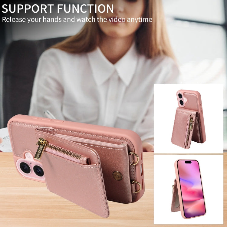 For iPhone 16 Crossbody Lanyard Zipper Wallet Leather Phone Case(Rose Gold)