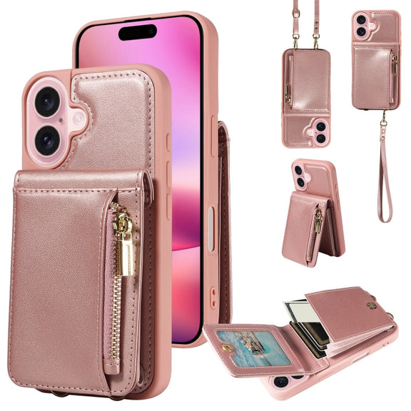 For iPhone 16 Crossbody Lanyard Zipper Wallet Leather Phone Case(Rose Gold)