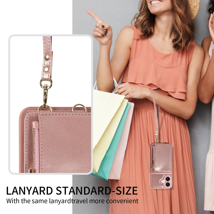 For iPhone 16 Crossbody Lanyard Zipper Wallet Leather Phone Case(Rose Gold)