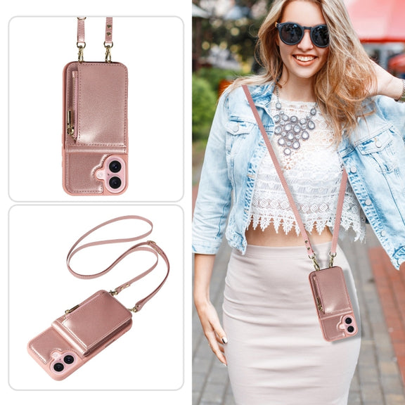 For iPhone 16 Crossbody Lanyard Zipper Wallet Leather Phone Case(Rose Gold)