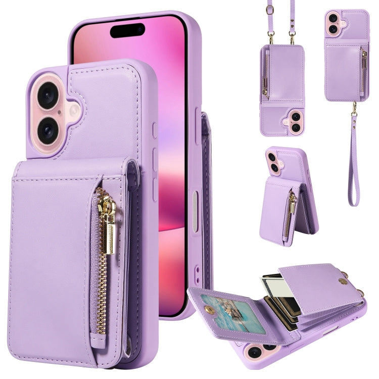 For iPhone 16 Crossbody Lanyard Zipper Wallet Leather Phone Case(Purple)