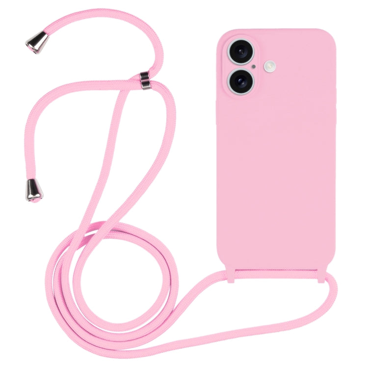 For iPhone 16 Crossbody Lanyard Liquid Silicone Case(Pink)