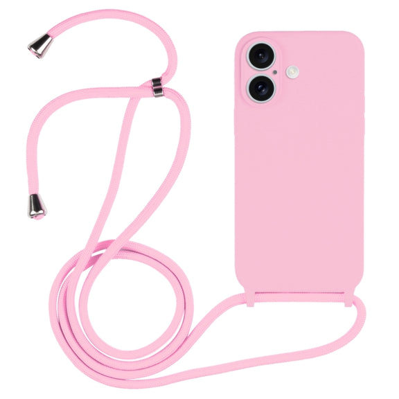 For iPhone 16 Crossbody Lanyard Liquid Silicone Case(Pink)