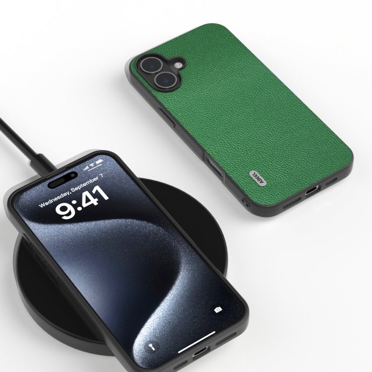 For iPhone 16 ABEEL Black Edge Genuine Leather Mino Phone Case(Green)