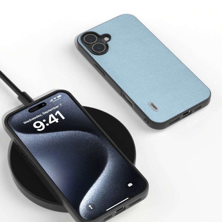 For iPhone 16 ABEEL Black Edge Genuine Leather Mino Phone Case(Blue)