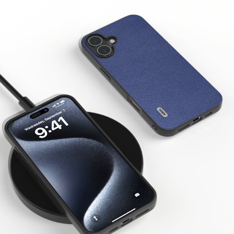 For iPhone 16 Plus ABEEL Black Edge Genuine Leather Mino Phone Case(Royal Blue)