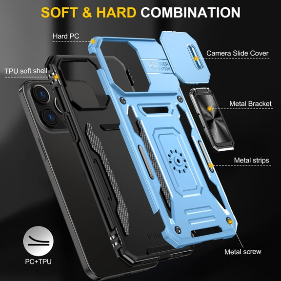 For iPhone 16 Pro Armor PC + TPU Camera Shield Phone Case(Light Blue)