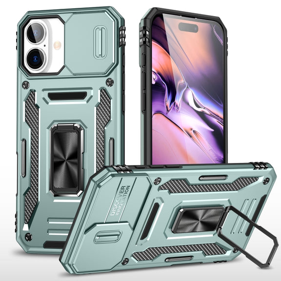 For iPhone 16 Armor PC + TPU Camera Shield Phone Case(Alpine Green)