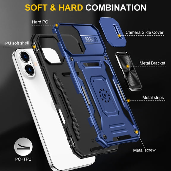 For iPhone 16 Armor PC + TPU Camera Shield Phone Case(Navy Blue)