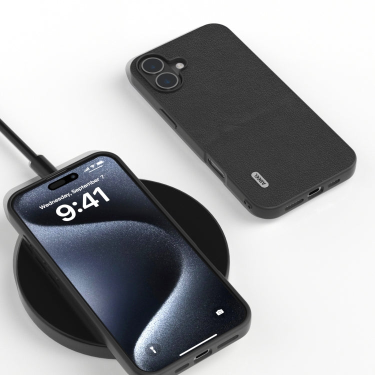For iPhone 16 Plus ABEEL Genuine Leather Wave Black Edge Phone Case(Black)