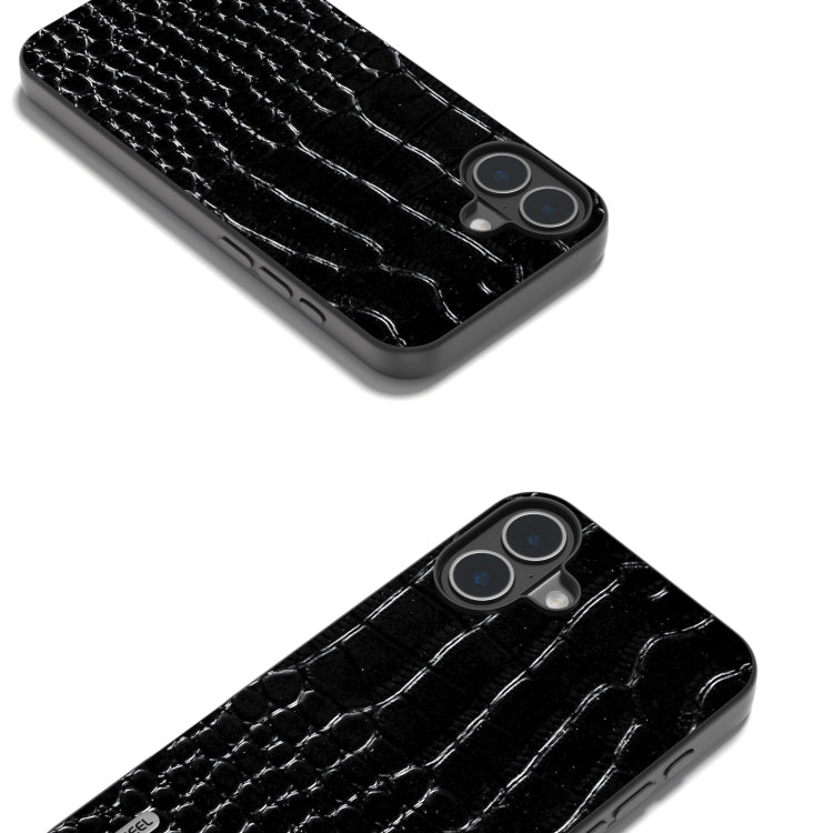 For iPhone 16 ABEEL Genuine Leather Crocodile Pattern Black Edge Phone Case(Black)