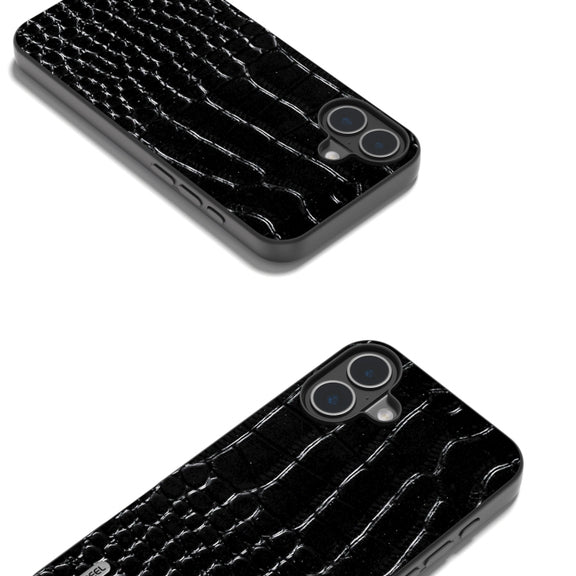 For iPhone 16 ABEEL Genuine Leather Crocodile Pattern Black Edge Phone Case(Black)