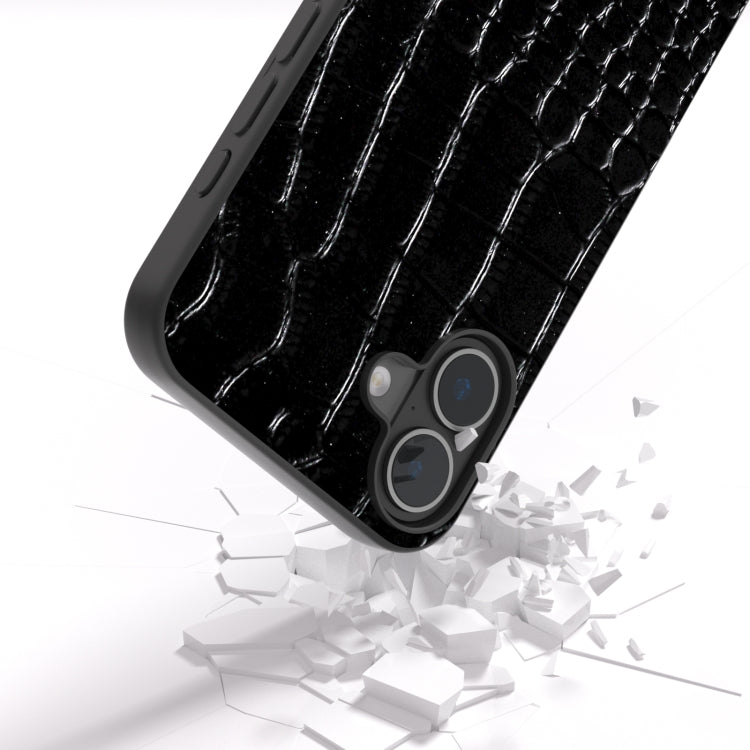 For iPhone 16 ABEEL Genuine Leather Crocodile Pattern Black Edge Phone Case(Black)