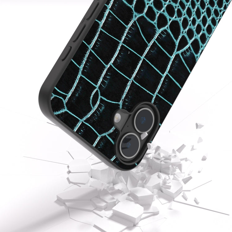 For iPhone 16 Plus ABEEL Genuine Leather Crocodile Pattern Black Edge Phone Case(Blue)