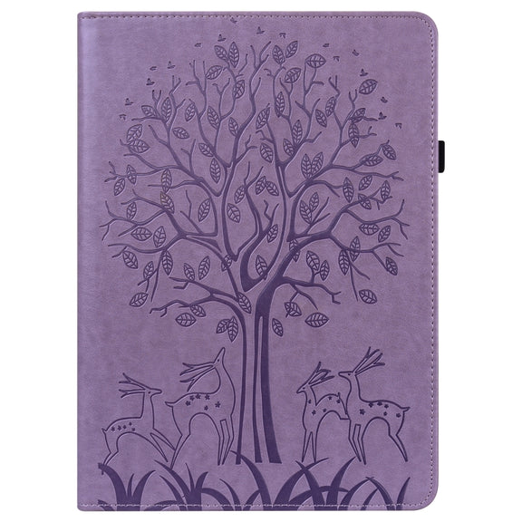 For Amazon Fire Max 11 Tree & Deer Embossed Leather Tablet Case(Purple)