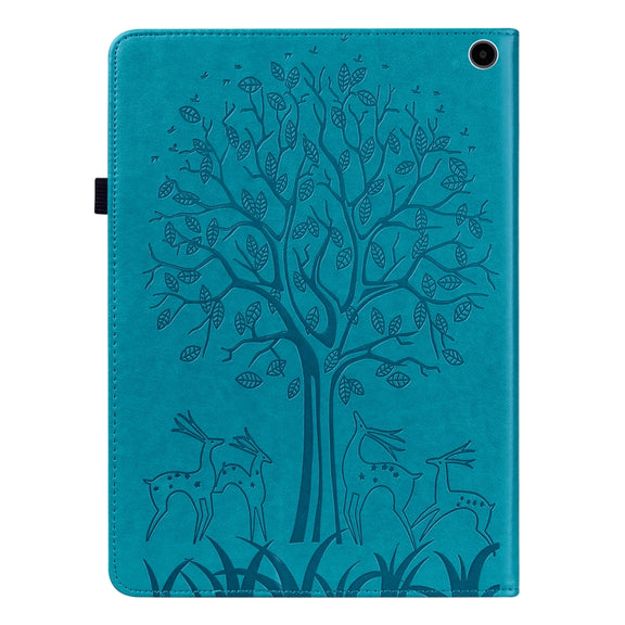 For Amazon Fire Max 11 Tree & Deer Embossed Leather Tablet Case(Blue)